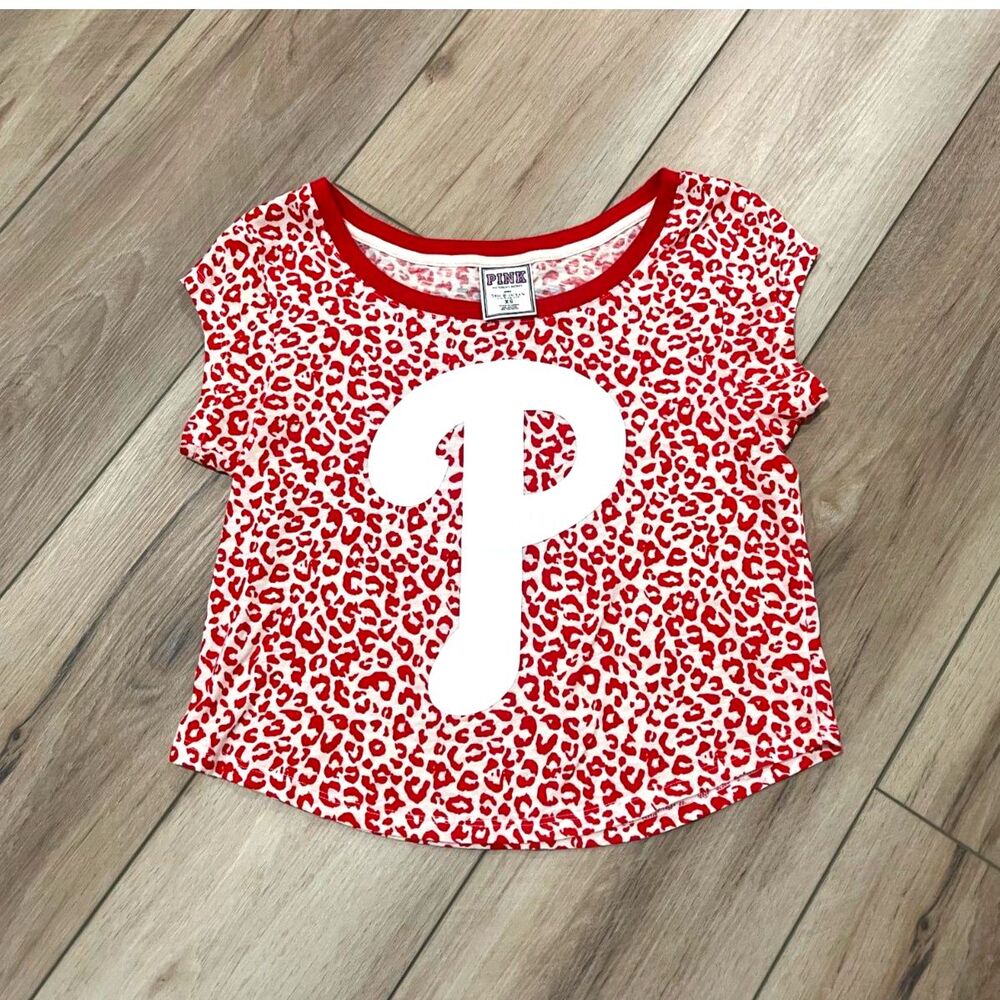 Victoria's Secret PINK Philadelphia Phillies Crop Tee Cheetah Print Top Women XS
